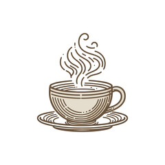 A steaming cup of coffee on a saucer, with an artistic swirl of steam rising above it