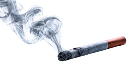 Cigarette with smoke rising against transparent background