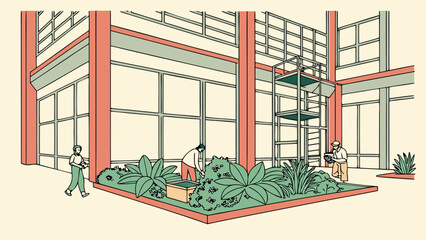Illustration of people gardening in front of a modern building with large windows and metal scaffolding