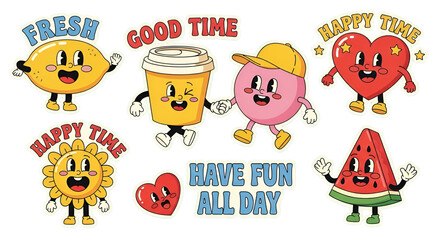  fun retro collection of anthropomorphic food and objects with positive phrases labels, badges, stamps, stickers, logos and patches sticker pack isolated on transparent background