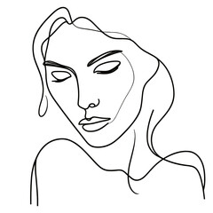 Abstract line drawing of a serene woman with flowing hair, conveying tranquility and beauty