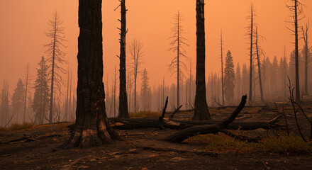 Forest landscape with burned trees and orange sky at sunset
