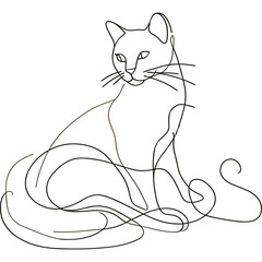 Minimalist line drawing of a cat sitting gracefully with flowing lines, ideal for art prints