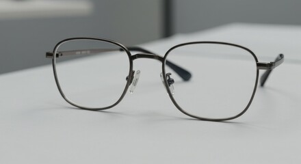 Closeup of round metalframed glasses on a white surface