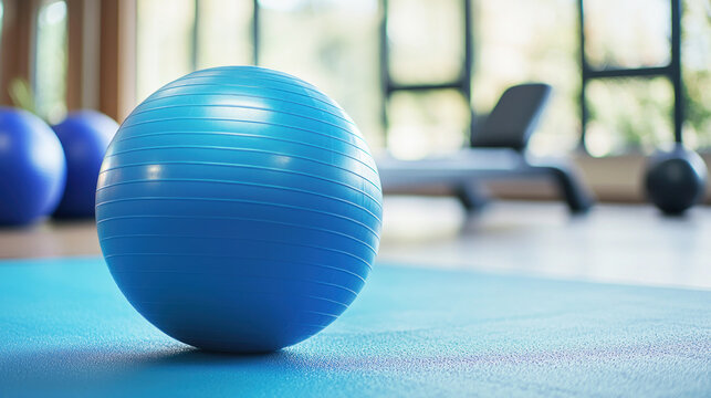 A blue exercise ball on a blue yoga mat in a gym setting. - Powered by Adobe
