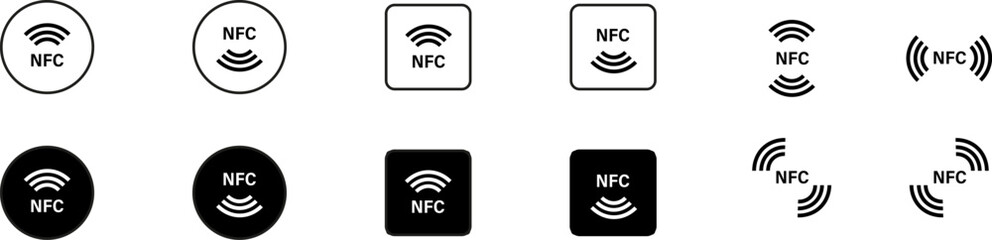 NFC icon, NFC symbol, wireless payment. Line and silhouette set.