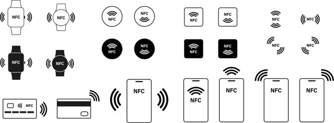 NFC icon, NFC symbol, wireless payment. Line and silhouette set. NFC smartphone, smartwatch and card.