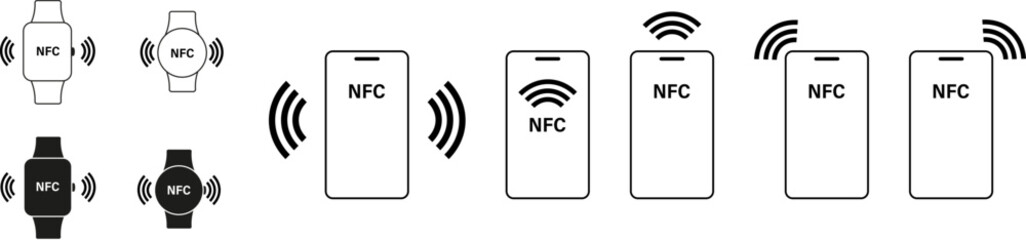 NFC smartphone and smartwatch, NFC device. Contactless payment, NFC signal. Line and silhouette set.