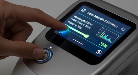 Close up of a hand interacting with a digital screen displaying data and a progress bar. The device has a metallic finish with blue and white lighting.