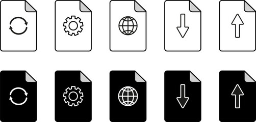 File  icon set, document with arrow,file internet symbol, sync file, upload and download file symbol, line and silhouette icon.
