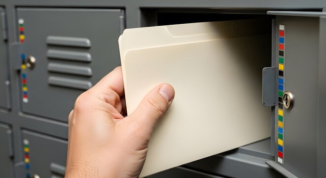 Close up of a hand inserting a file folder into an open gray locker with a blurred background