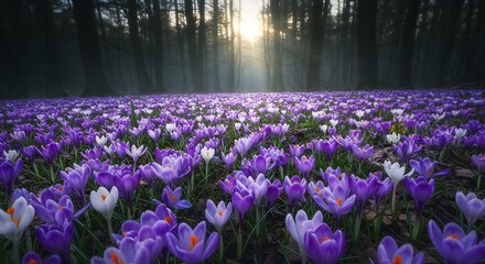 Obraz premium Field of Purple Crocuses in a Misty Forest at Sunrise
