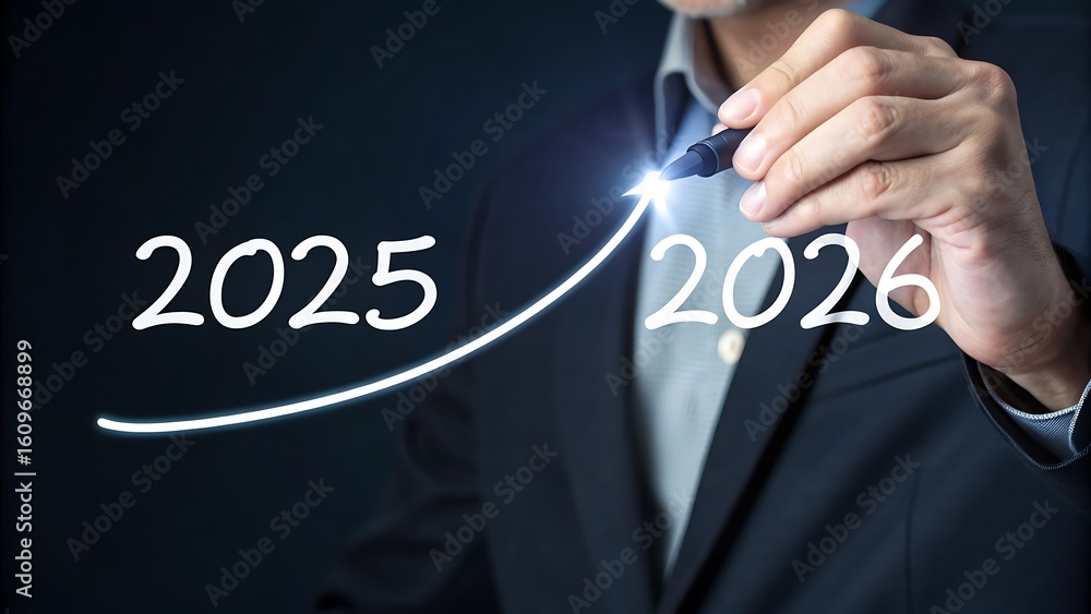 Aufkleber projecting growth: person visualizing positive progression from 2025 to 2026 with arrow signifying a