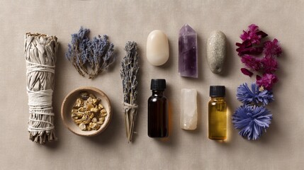 Flat lay of holistic healing tools: smudge sticks, crystals, flower petals, herbal oils and oracle cards, neutral background.