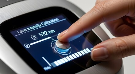 Close-up shot of hand interacting with a device's screen adjusting settings white background studio lighting. Finger touching a knob, electronic display showing data.