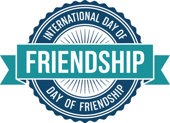 International Day of Friendship badge with teal ribbon design, bold white text, and clean layout—perfect for social campaigns and greeting visuals