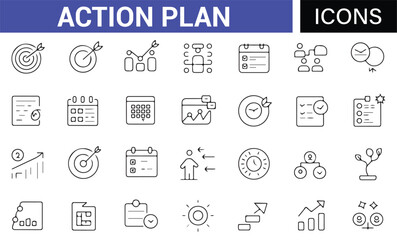 Fototapeta premium Set of Action Plan Icons with Graphs, Teamwork, and Targets