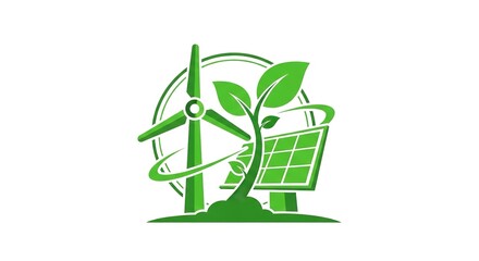 Obraz premium Green energy concept with wind turbine solar panel and plant on white.