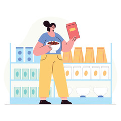 Young girl holding food while shopping in grocery store and mall environment