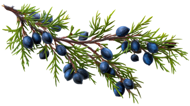 Juniper branch with dark blue berries on transparent background