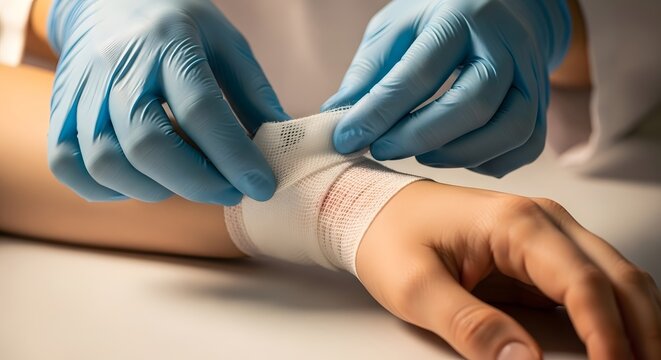 A close-up view of a medical professional's hands in blue gloves bandaging a wounded wrist with white gauze. The image emphasizes medical care. - Powered by Adobe