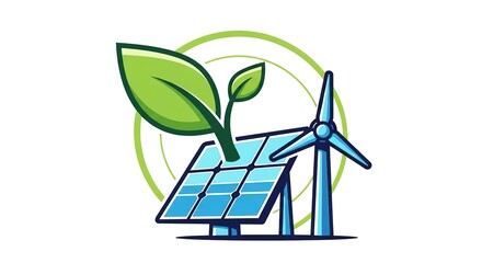 Obraz premium Solar panel with leaf and wind turbine illustration for green energy concept.