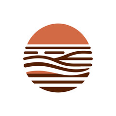 Abstract sunset logo with layered waves, symbolizing tranquility and nature's beauty