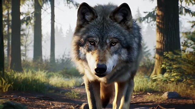 A wolf walking along a path, forest backdrop, illuminated by bright sunlight