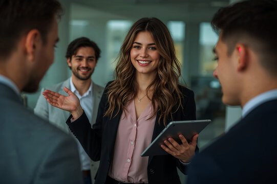 Businesswoman presenting project ideas to her team building workplace relationships in a brightly