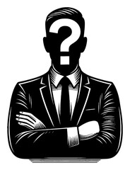 Businessman Silhouette with Question Mark Inside Head and Arms Crossed Black and White Outline Line Art Drawing