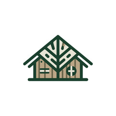 A stylized wooden cabin with a leaf design, set against a natural background, symbolizing eco-friendliness