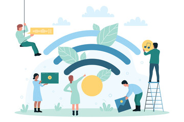Obraz premium Wifi connection for network access and tiny people. Cartoon internet users play videos and music, download pictures and sounds in wi fi zone flat vector illustration. Wireless service, hotspot concept
