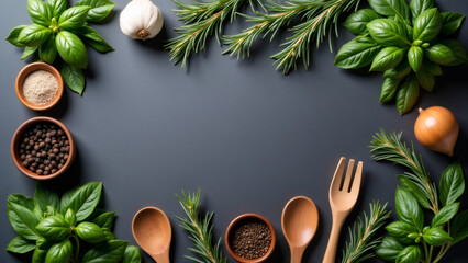 Fresh herbs, spices, and cooking utensils arranged on a dark gray background
