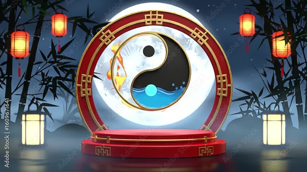 Poster chinese-inspired yin yang display on a red stage with lanterns