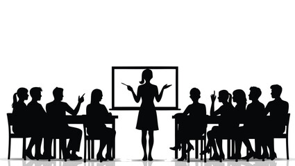 Silhouetted people in a meeting with a presenter at a whiteboard presentation silhouettes
