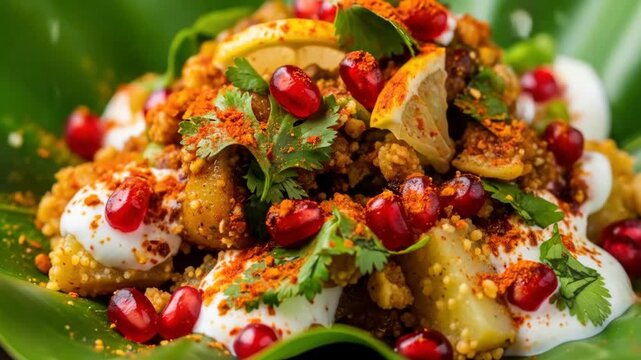 Colorful indian chaat garnishing with spices and fresh herbs on green leaf