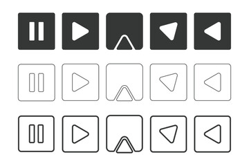 Play button icon, Media Control Button Icons Set Outline and Filled Style, media player icons including play, pause, up, back, and forward buttons in both solid and outline styles for UI/UX