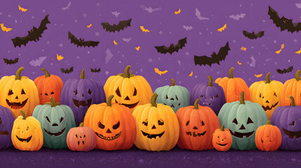Fototapeta premium Colorful jack-o'-lantern pumpkins row against purple background with bats