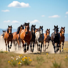 Herd of horses running freely across a dusty field
