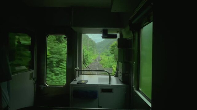 From the perspective of the train cab, greenery spreads outside the window, and the tracks lead far away through the tunnel, hiding the unknown of the journey.