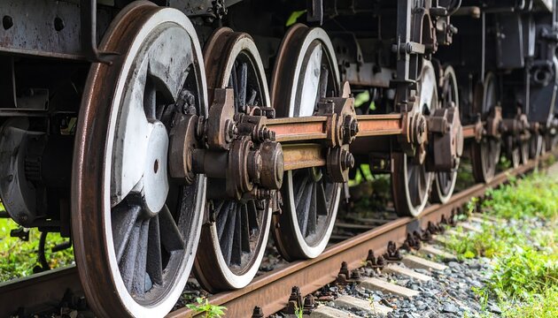 Close-up of vintage train wheels and axles