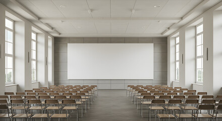 A large, empty lecture hall with rows of chairs facing a blank white projection screen.