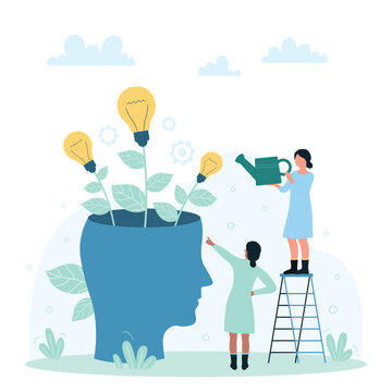 Teamwork on creative idea development and innovation, growing skills and motivation vector illustration. Cartoon tiny people grow yellow light bulb plants inside open brain of abstract human head