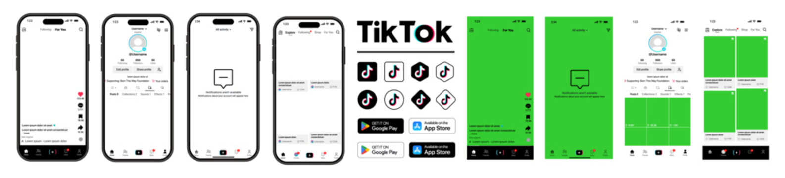 TikTok UI mockup PNG with green screen and video feed, profile layout, comment share like buttons, live recording screen, and short video interface elements