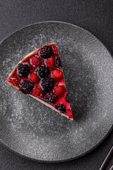Pie, cheesecake with raspberries and blackberries, mascarpone cheese. Piece of cheesecake