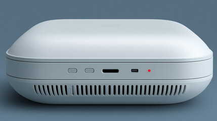 Sleek modern white tech device with USB ports and indicator light on minimalist background