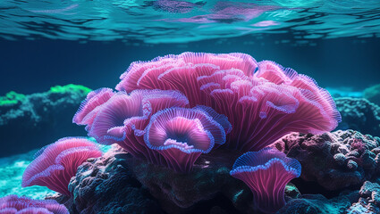 Obraz premium Stunning view of vibrant pink mushroom coral with glowing blue edges thriving on a reef in a deep blue underwater world.