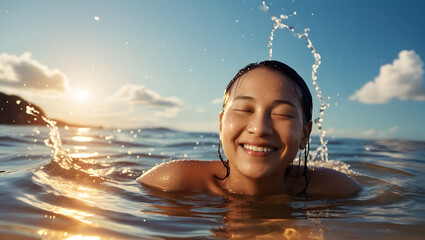 A serene and joyful scene of a person with a gentle smile and closed eyes, surrounded by warm sunlit water, with soft ripples and subtle waves, set against a clear blue sky with a few puffy white clou