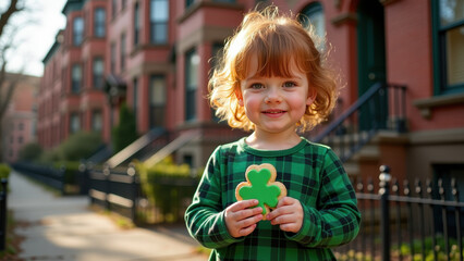 Irish-American child smiling while holding a shamrock-shaped cookie in front of historic brownstones, celebrating National Irish-American Heritage Month.