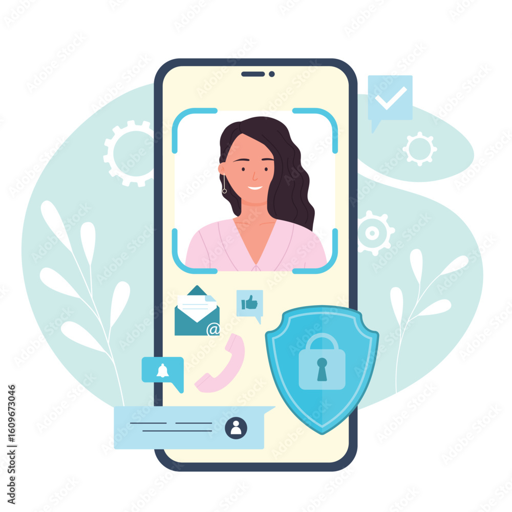 Poster face id recognition, scan and verification with ai system vector illustration. cartoon mobile phone 